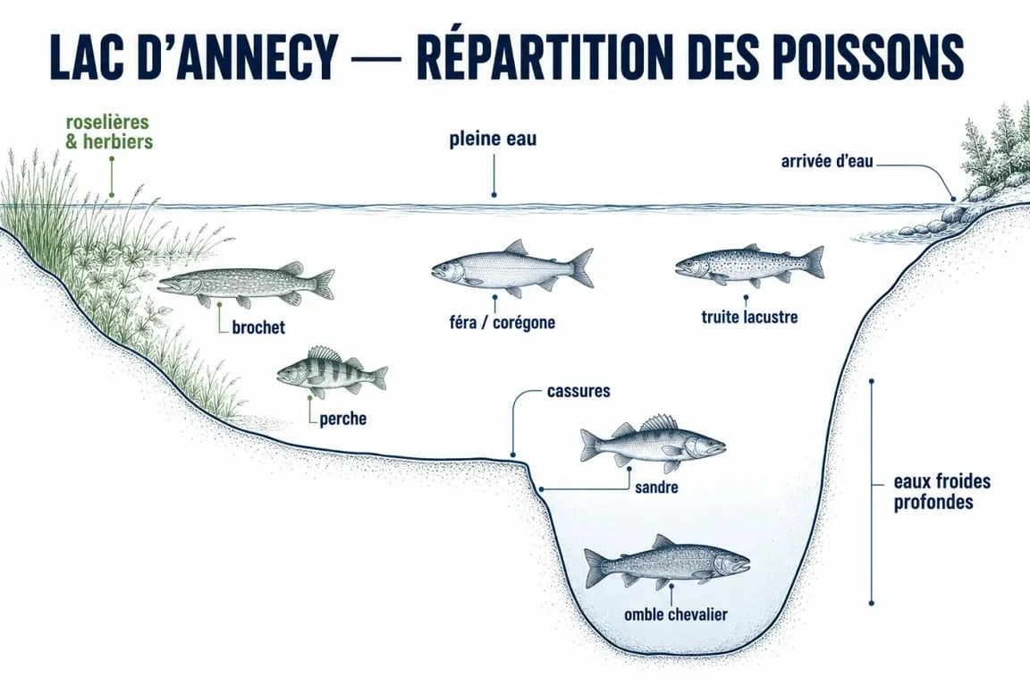 Poisson lac Annecy : principales espèces et zones de vie dans une coupe du lac