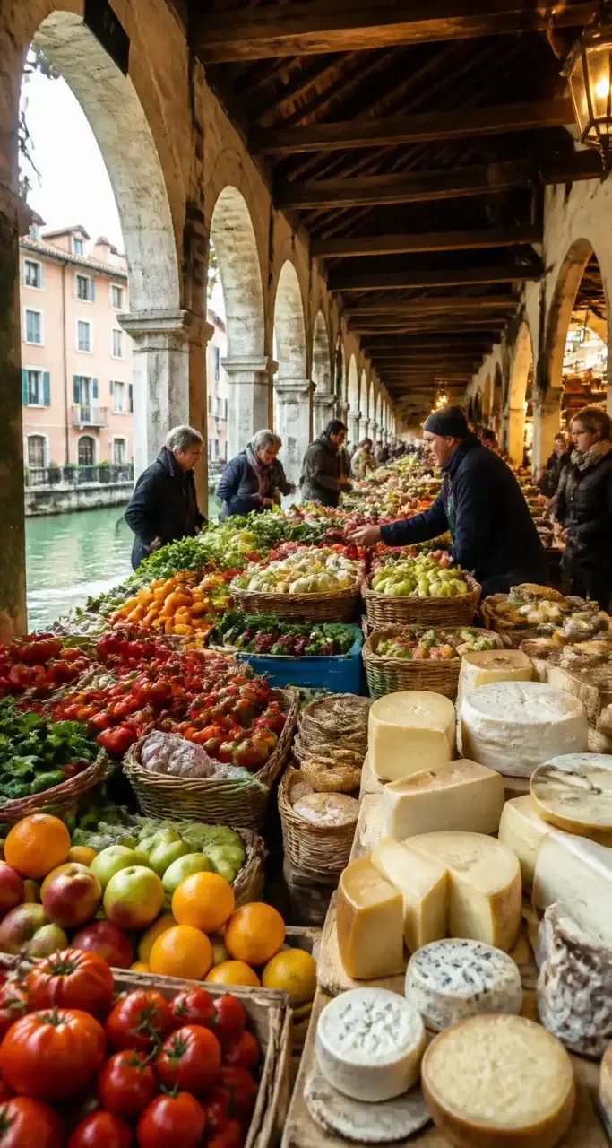Marché traditionnel à Annecy, arcades et produits locaux