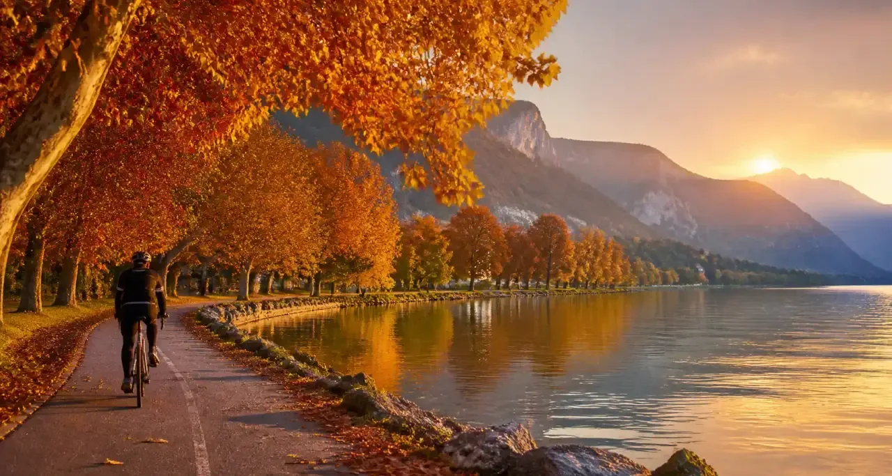 Piste cyclable au bord du lac d'Annecy en automne