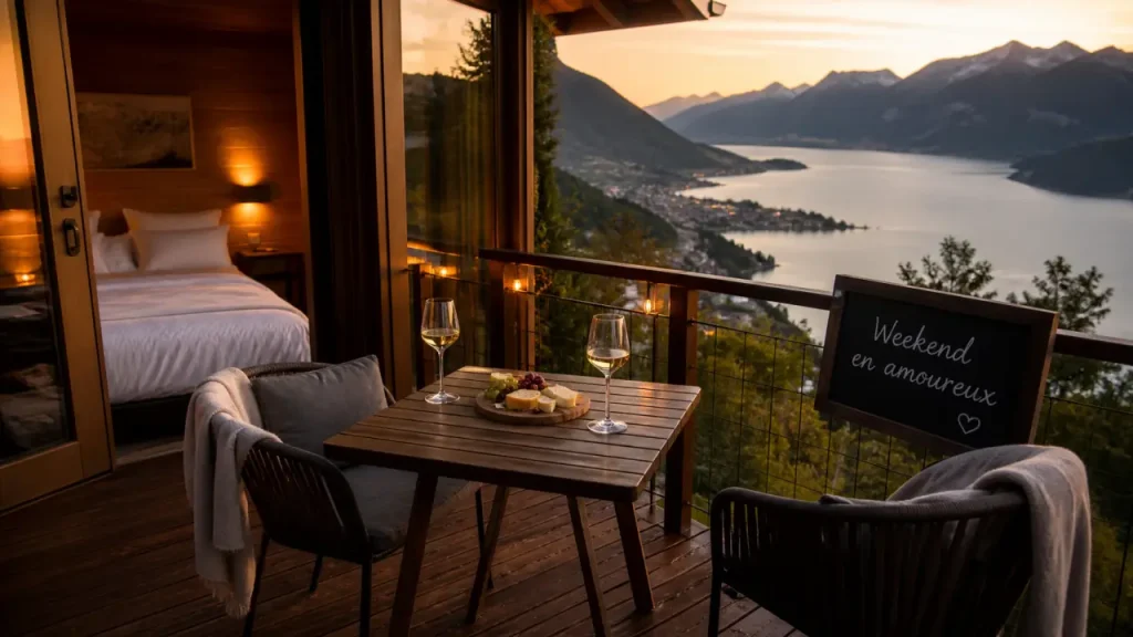 Week end en amoureux haute savoie : terrasse et chambre avec vue sur le lac d’Annecy et les Alpes