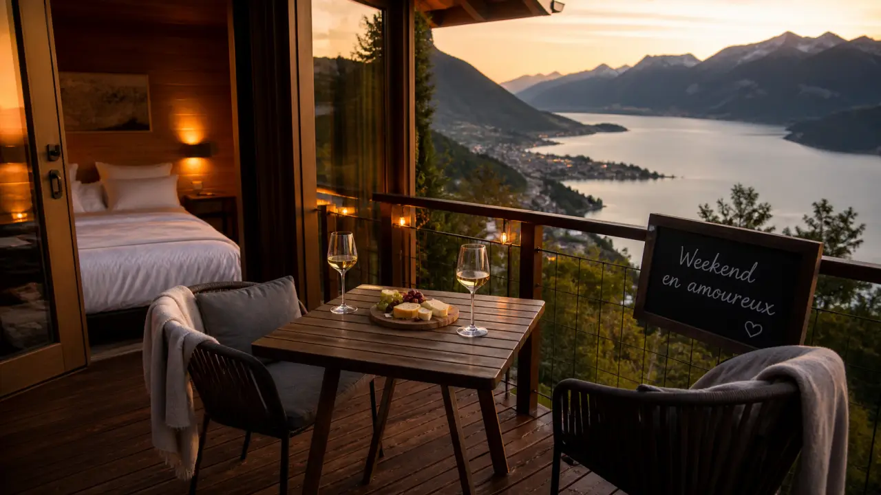 Week end en amoureux haute savoie : terrasse et chambre avec vue sur le lac d’Annecy et les Alpes