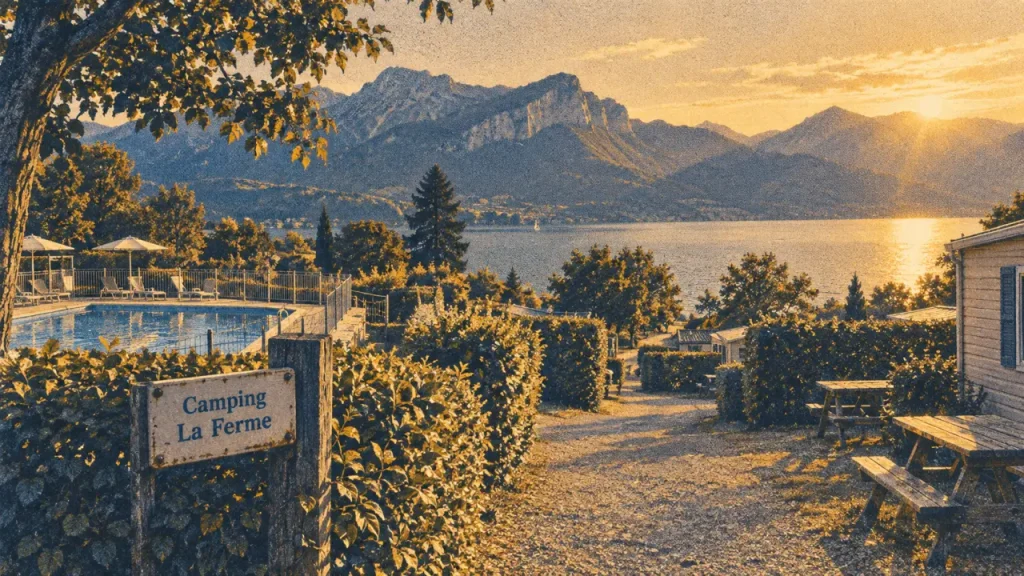 Camping la ferme lac annecy : allée, tables et piscine extérieure
