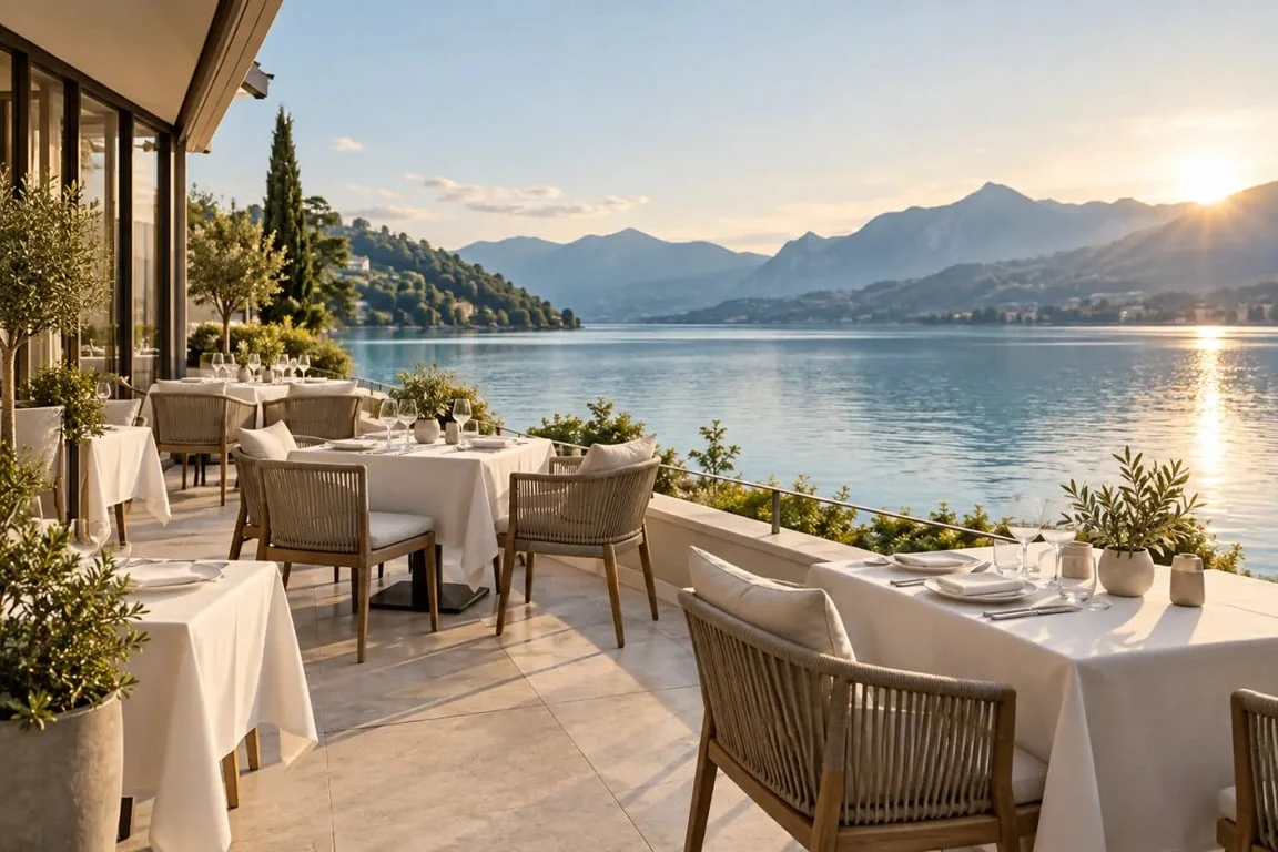 Restaurant Bocuse Annecy avec terrasse au bord du lac et vue sur les montagnes