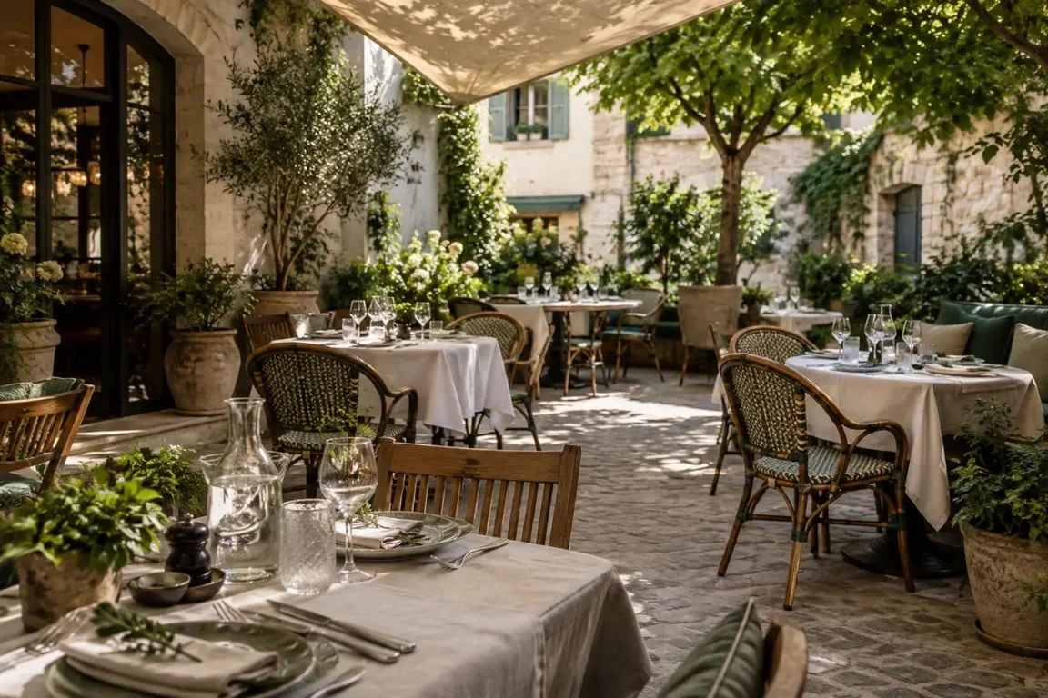 Terrasse ombragée de Chez Ingalls, restaurant Ingalls Annecy, dans une cour privée