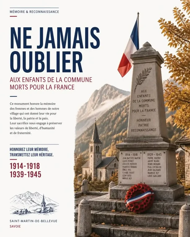 Commémoration du 11 novembre au pied d'un monument aux morts en Haute-Savoie