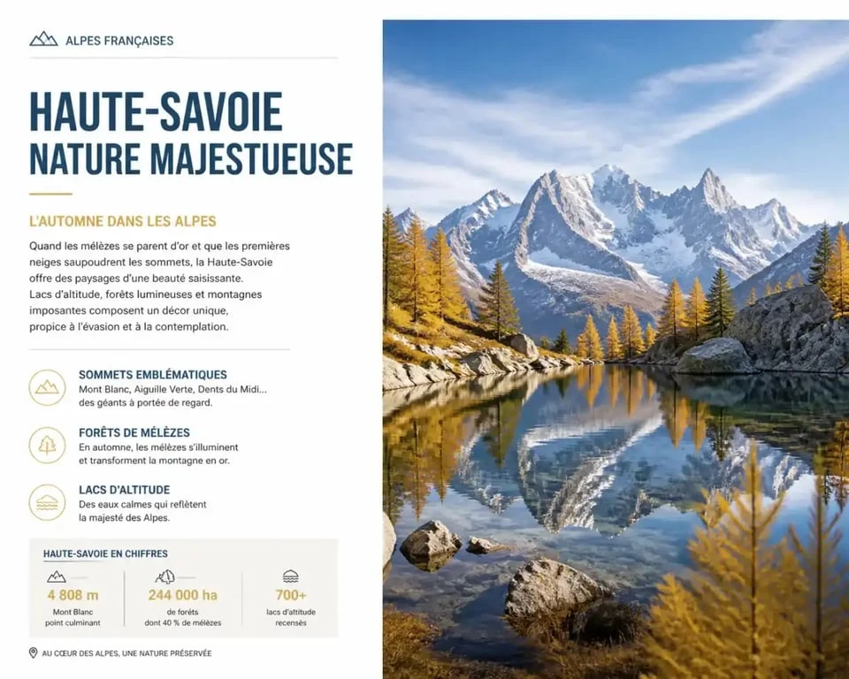 Paysage d'automne en Haute-Savoie avec sommets enneigés et lac de montagne pour une sortie le 11 novembre