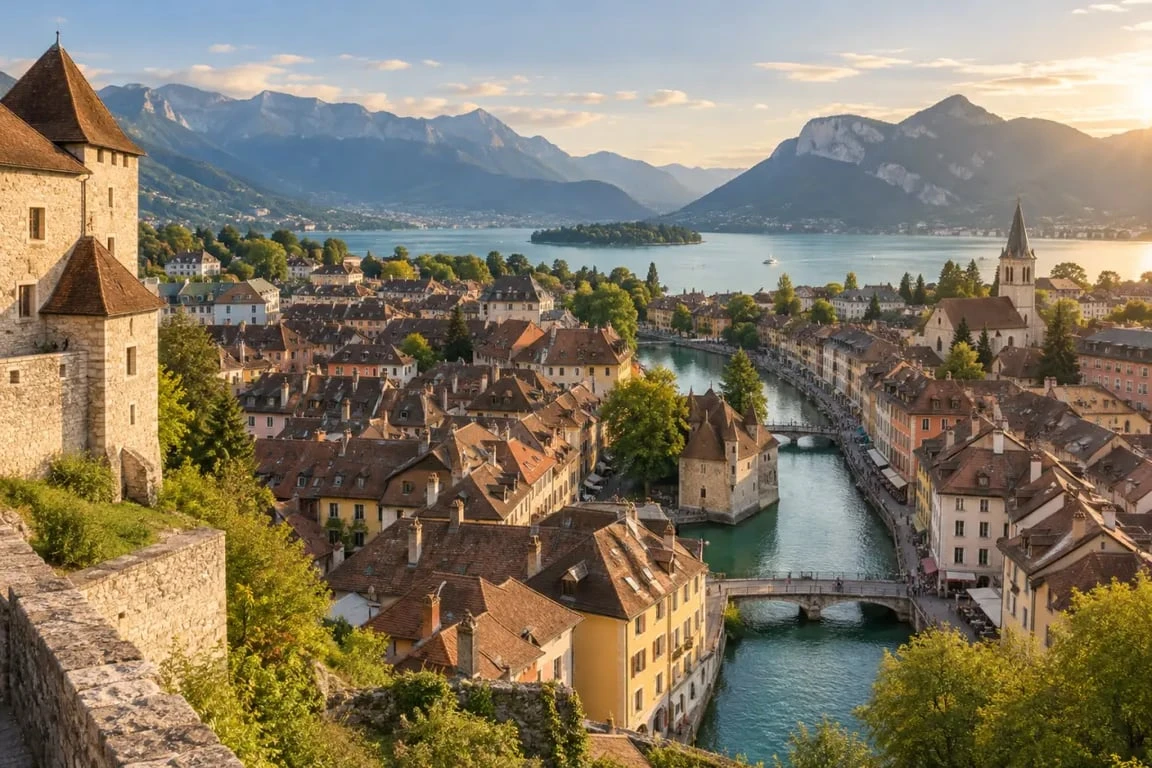 Vue sur la vieille ville d’Annecy, le lac et les montagnes depuis le château