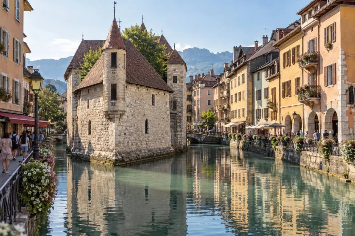 Vieille ville d’Annecy et Palais de l’Île au bord du canal