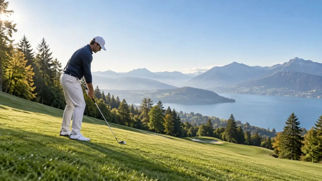 Joueur sur le parcours vallonné du Golf du Lac d Annecy