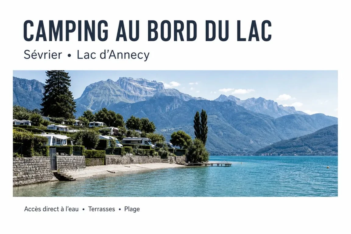 Au coeur du lac camping annecy : vue large du camping en terrasses au bord du lac d’Annecy avec accès direct à l’eau