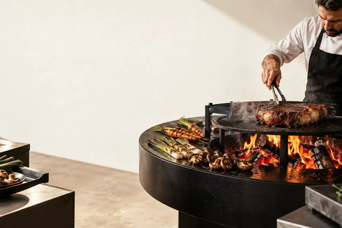 Cuisson au brasero au Lôna restaurant par Juan Arbelaez à Annecy