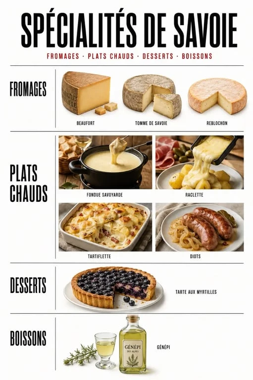 Spécialités savoie illustrées par catégories avec fromages, plats chauds, desserts et boissons