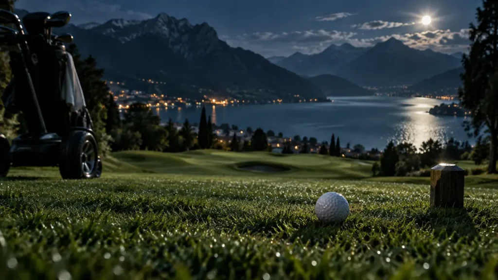 Golf du lac d annecy : fairway vallonné et lac en arrière-plan