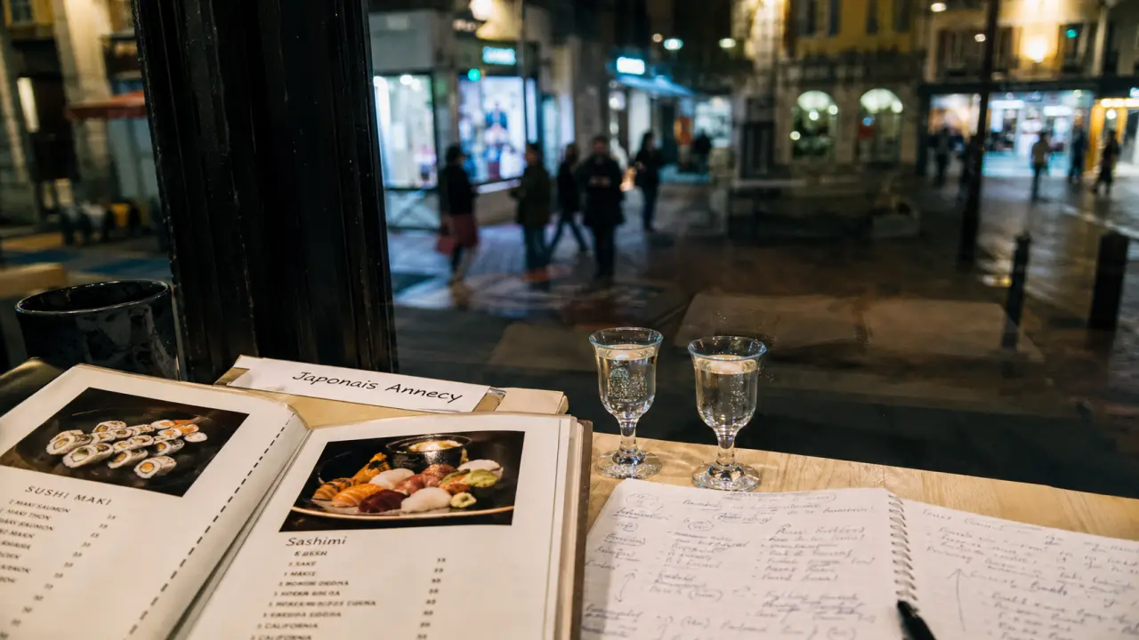Japonnais Annecy : table et carte de restaurant japonais près d’une baie vitrée
