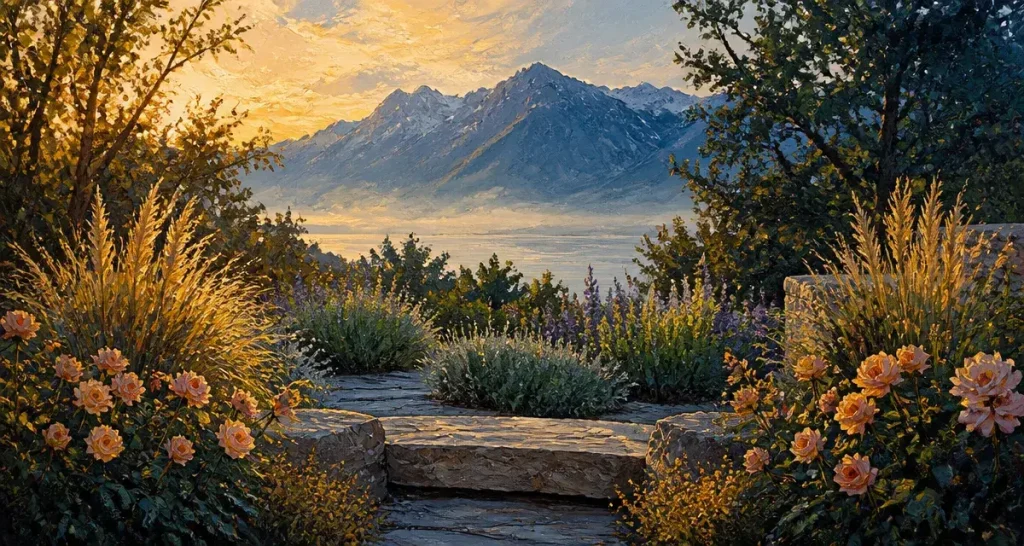 Jardin a visiter haute savoie : jardin alpin, rosiers et parterre, vue lac et montagnes