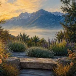 Jardin a visiter haute savoie : jardin alpin, rosiers et parterre, vue lac et montagnes