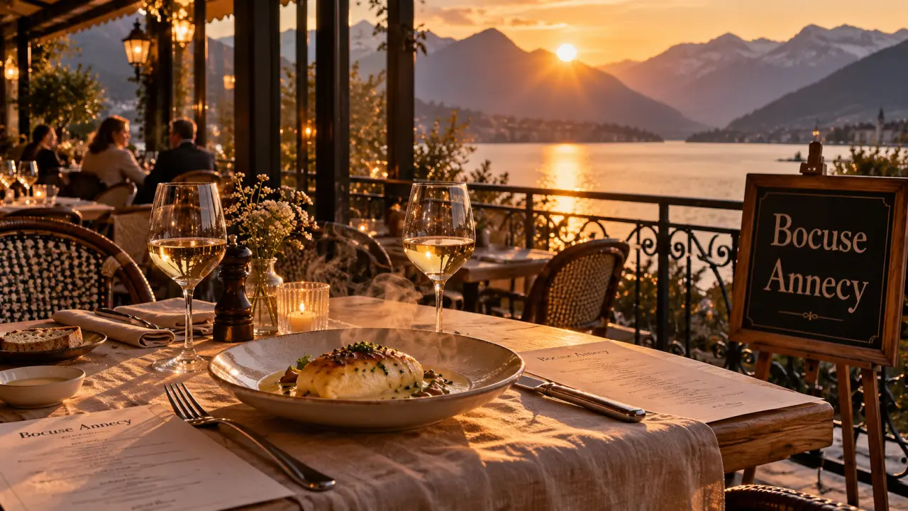 Restaurant bocuse annecy : terrasse de la brasserie Irma au bord du lac, golden hour
