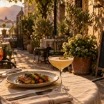 Terrasse ombragée du restaurant Ingalls Annecy, cour privée à la golden hour