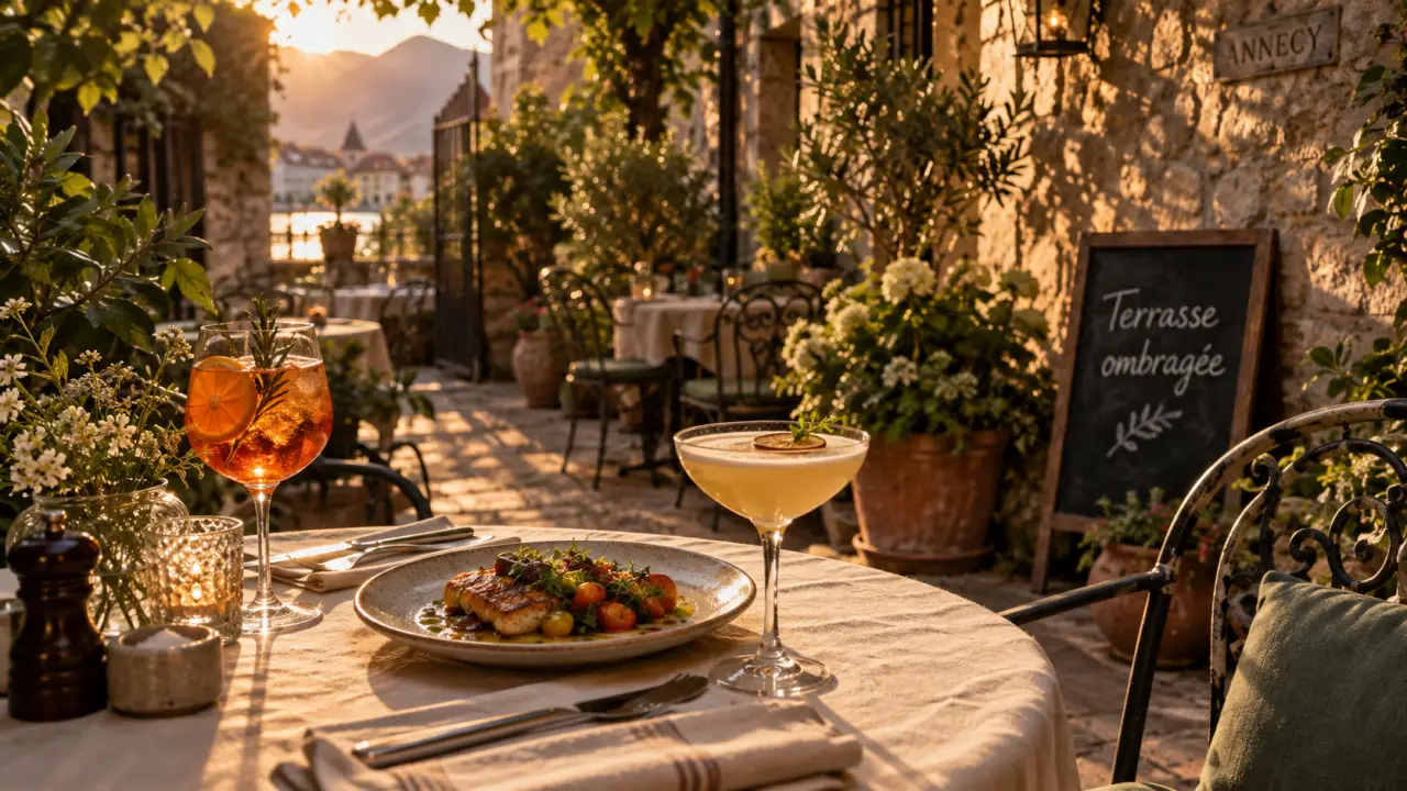 Terrasse ombragée du restaurant Ingalls Annecy, cour privée à la golden hour