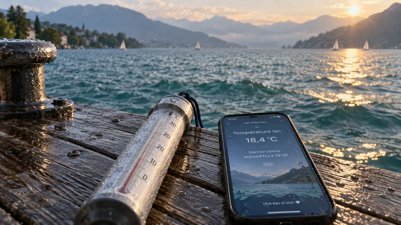 temperature lac annecy : thermomètre et relevé sur le quai